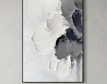 3D Textured Floral Oil Painting | Large Black and White Canvas Wall Art | Palette Knife Modern Flower Painting | Original Hand Painted Art