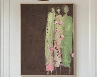 Pintura figurativa abstracta / Lienzo grande para pared / Decoración moderna para el hogar / Arte de pared en verde salvia y rosa / Decoración minimalista para sala de estar