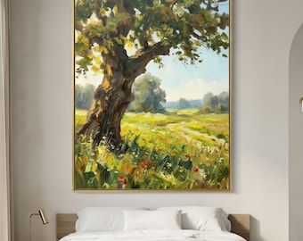 Original 3D Impasto Summer Landscape Oil Painting on Canvas, Textured Old Oak Tree Wall Art, Large Meadow with Wildflowers Palette Knife Art