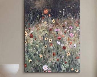 Wildflower Meadow Painting | Abstract Floral Wall Art | Large Impressionist Landscape | Cottagecore Decor | Modern Farmhouse Canvas Print