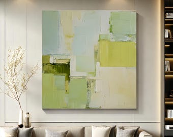 Large Abstract Canvas Art | Sage Green Modern Wall Decor | Minimalist Textured Oil Painting | Soft Green & Yellow Contemporary Artwork