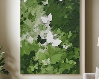 3D Butterfly Textured Canvas Wall Art | Large Green Nature Painting | Modern Sage Green Home Decor | Impasto Butterfly Abstract Artwork