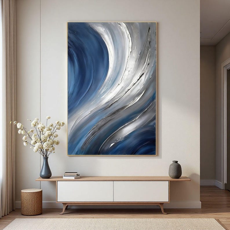 Large Navy Blue Abstract Canvas Wall Art | Modern Textured Painting for ...