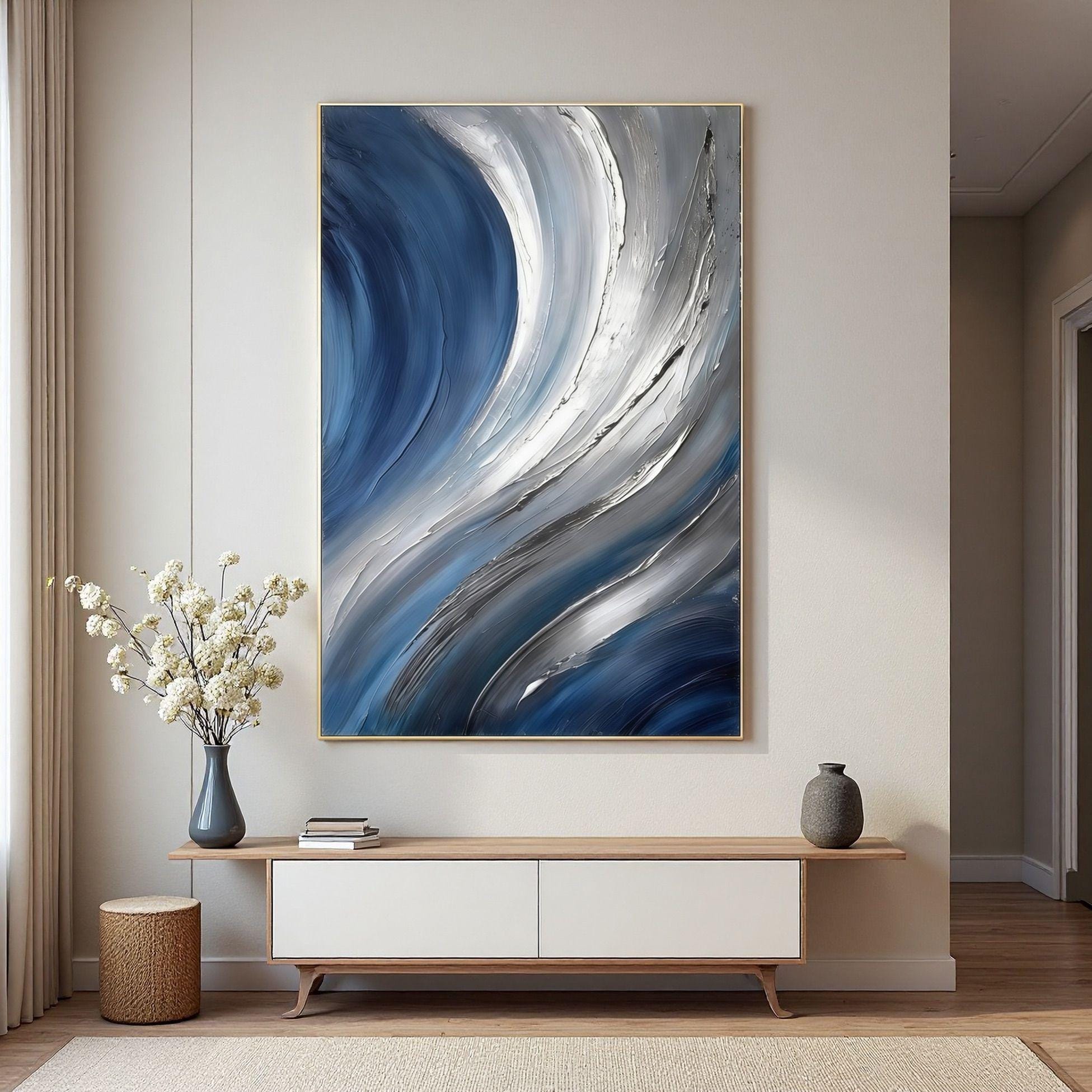 Large Navy Blue Abstract Canvas Wall Art | Modern Textured Painting for ...
