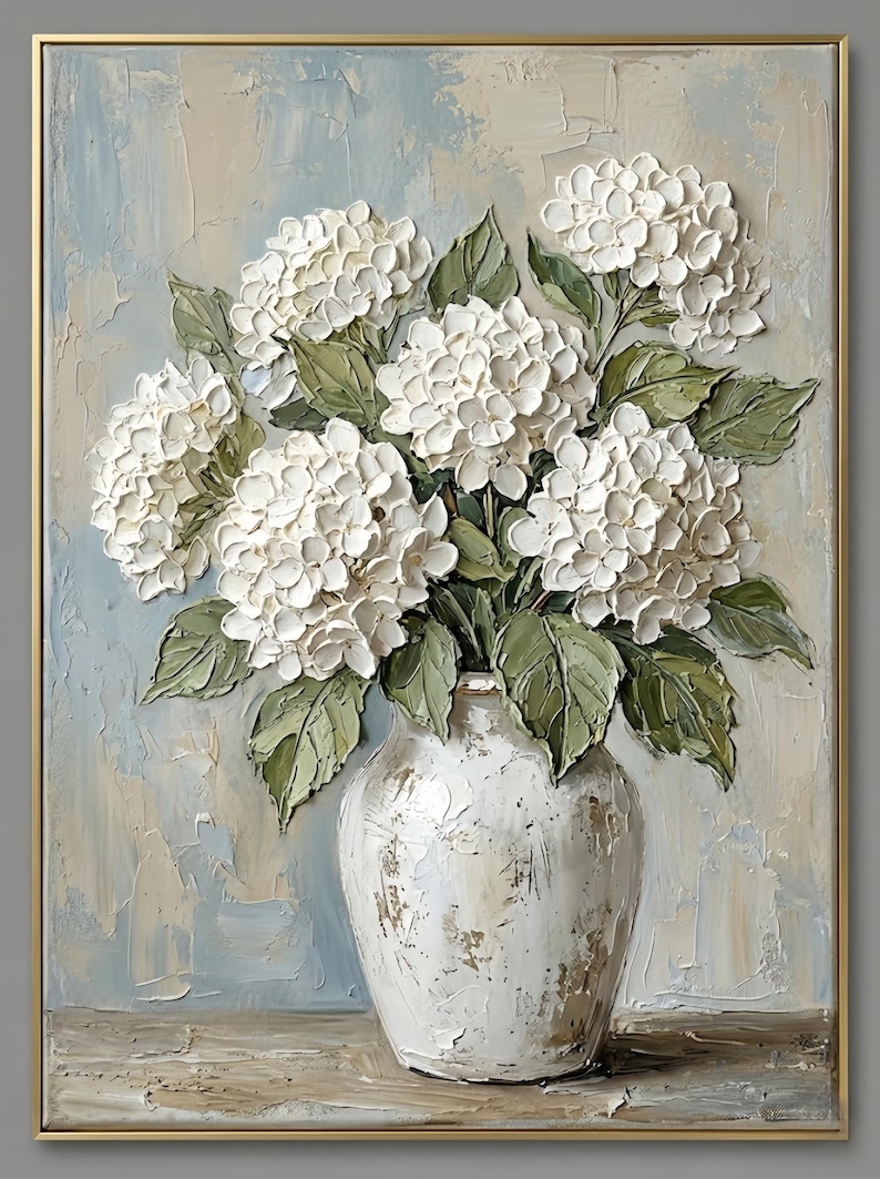 Original White Hydrangea Oil Painting on Canvas, Large 3D Impasto ...
