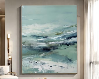 Cuadro abstracto de gran tamaño en color verde azulado, pintura moderna de paisaje marino, lienzo texturizado azul y verde, decoración minimalista para sala de estar, arte de gran tamaño