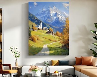 Alpine Mountain Village Canvas Print | Swiss Alps Wall Art | Large Landscape Painting | Autumn Church Scene | Impressionist Nature Decor