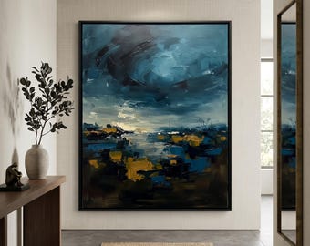 Large Horizontal Abstract Oil Painting Canvas Abstract Sea and Sky Heavy Impasto Palette Knife Artwork Gold Blue Accent Living Room