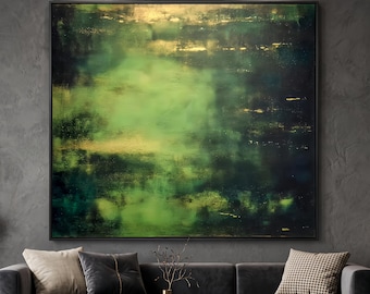 Large Green Abstract Wall Art | Oversized Gold Leaf Canvas Painting | Modern Living Room Decor | Emerald Green Landscape | Textured Art