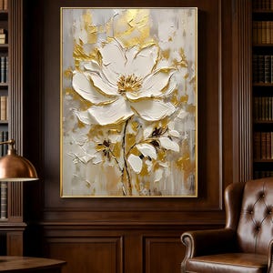 Large White Gold Floral Canvas Art, Textured 3D Flower Oil Painting, Modern Magnolia Wall Decor, Luxury Office Decor, Abstract Flower Art