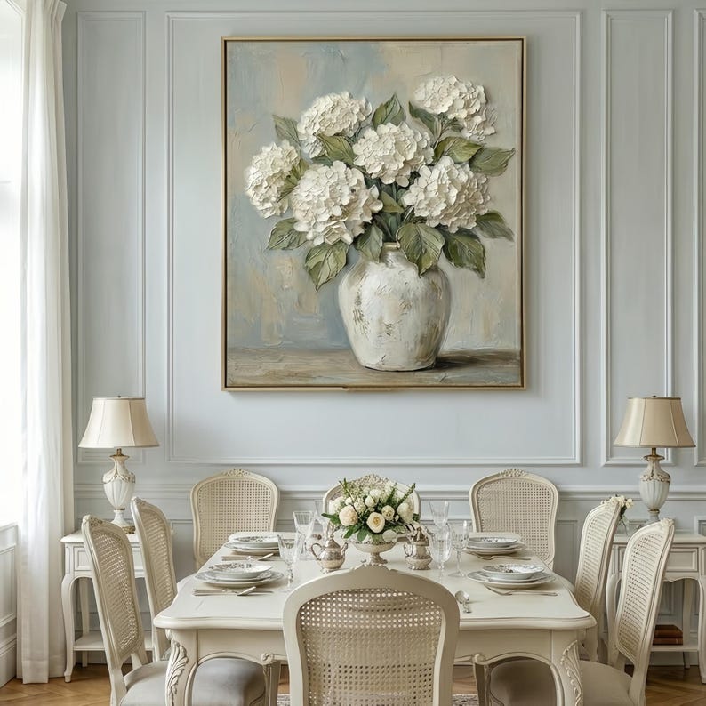 Original White Hydrangea Oil Painting on Canvas, Large 3D Impasto ...