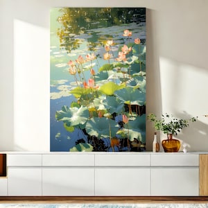 Water Lily Oil Painting On Canvas Monet Inspired Lotus Pond Textured Wall Art Floral Lake Scene Nature Wall Art Impressionist Bedroom Decor