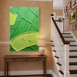 Large Green Abstract Wall Art | Textured Impasto Painting with Tiny People | Modern Minimalist Landscape | Contemporary Home Decor Gift image 2