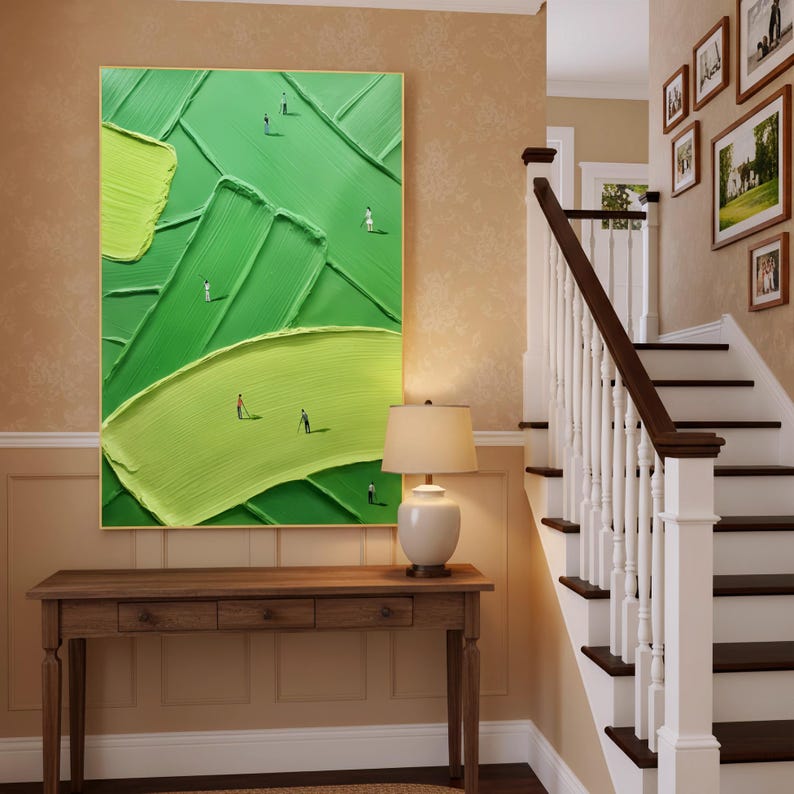 Large Green Abstract Wall Art | Textured Impasto Painting with Tiny People | Modern Minimalist Landscape | Contemporary Home Decor Gift image 2