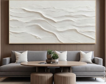 Large White Abstract Wave Painting on Canvas,White Textured Art,Modern Minimalist Living Room Decor,Neutral Wall Art,White Abstract Painting