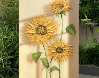 Textured Sunflower Oil Painting on Canvas, 3D Floral Artwork