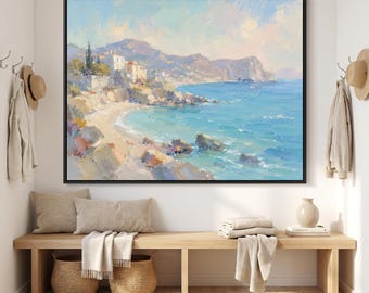 Gran pintura al óleo de la costa oceánica, horizontal, sobre lienzo, arte con técnica impasto, paisaje de playa, decoración de pared, gran obra de arte enmarcada para dormitorio.