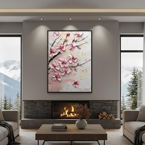 Large 3D Cherry Blossom Wall Art | Pink Sakura Oil Painting | Textured Impasto Floral Canvas | Modern Living Room Decor | Sakura Wall Art image 10