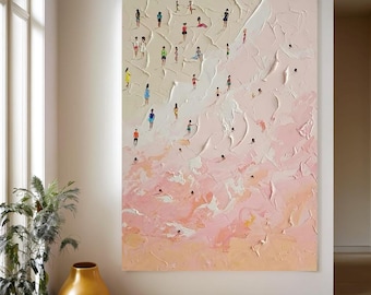May include: Textured abstract painting of a beach scene with figures. The artwork features a palette of white, pink, and peach tones, with small figures scattered across the surface, suggesting people on the beach and in the water.