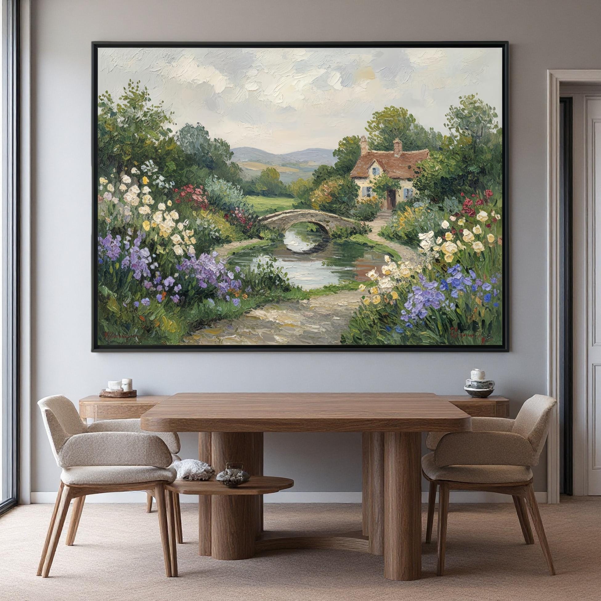 Large Original Countryside Cottage Landscape Oil Painting,Impasto Floral Garden Wall Art,Textured Canvas Framed Home Decor,Wildflower Art