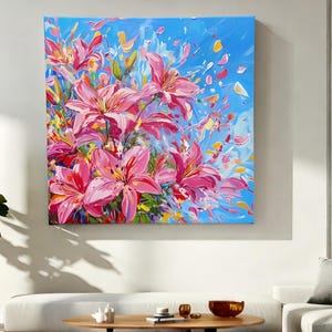 Pink Lily Oil Painting: Wildflower Meadow Landscape Art