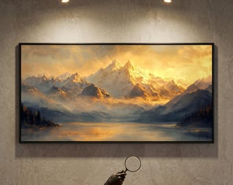 Large Golden Mountain Abstract Landscape Oil Painting Cloud Lake Reflection Canvas Art Autumn Forest Scenery Heavy Impasto Living Room Over