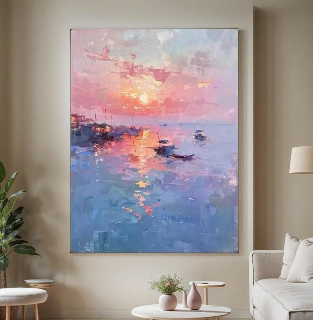 Abstract Sunset Oil Painting | Large Canvas Wall Art | Pink Seascape ...