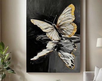 Dipinto a olio minimalista 3D con farfalla in bianco e nero su tela, grande tela astratta testurizzata, impasto, arte moderna da parete, decorazione per soggiorno
