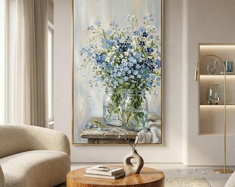 Large Blue Floral Oil Painting, Original Impasto Wildflowers in Mason Jars