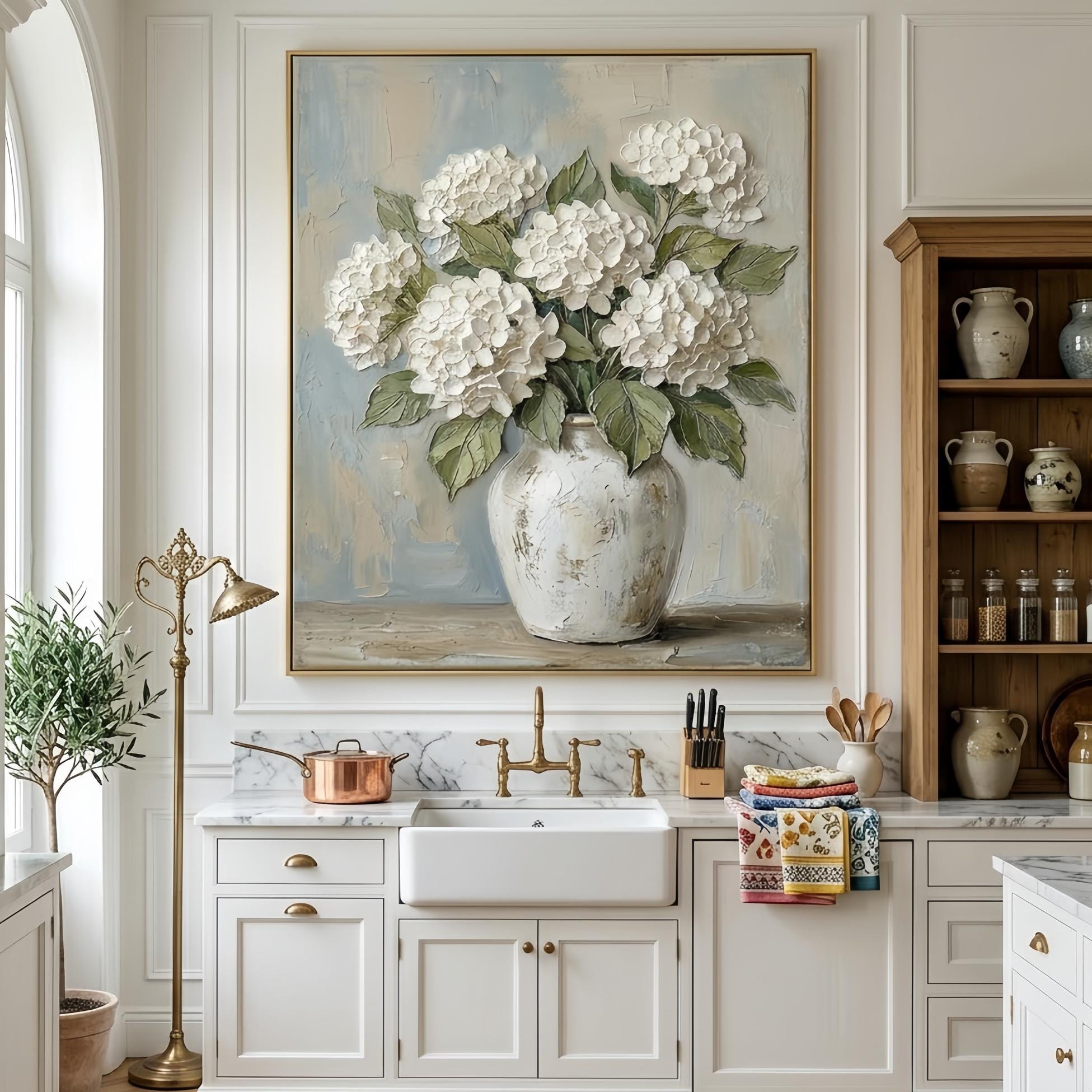 Original White Hydrangea Oil Painting on Canvas, Large 3D Impasto ...