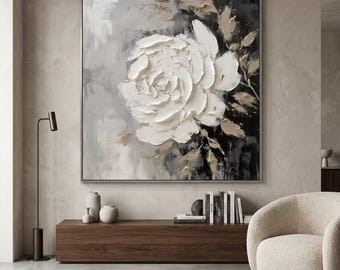 Large Original White Rose Oil Painting on Canvas, 3D Heavy Impasto Floral Wall Art, Modern Abstract White Flower Textured Painting