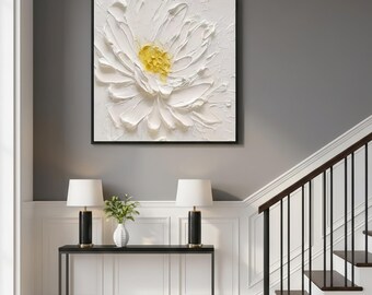 Textured White Flower Oil Painting, 3D Impasto Floral Wall Art