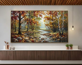 Large Autumn Forest Oil Painting, Impressionist Landscape Wall Art, Colorful Fall Trees & River Canvas, Nature Home Decor, Large Framed Art