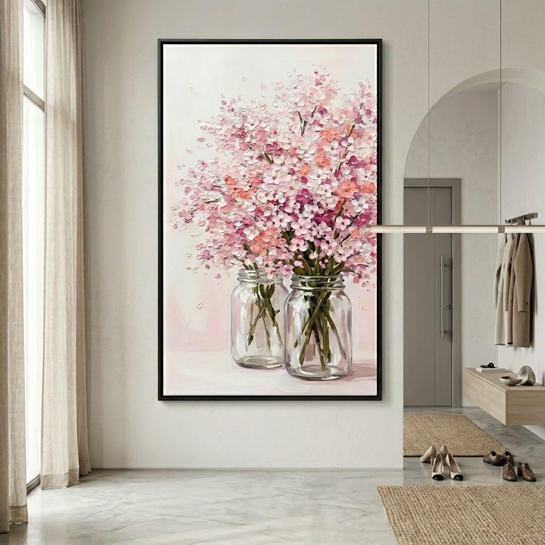 Large Pink Floral Oil Painting on Canvas, 3D Textured Flowers in Glass ...