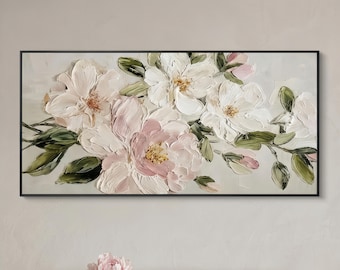 Large Textured Floral Wall Art, Pink Peony Oil Painting, White Flower Canvas Art, Modern Living Room Decor, Botanical Bedroom Wall Decor