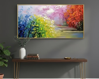 Large Abstract Landscape Painting | Colorful Impasto Canvas Wall Art | Modern Framed Nature Decor for Living Room | Panoramic Forest Art