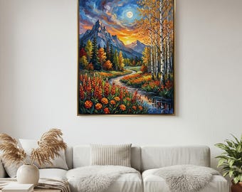 Large Tree Abstract Landscape Oil Painting Moon Canvas Art Colorful Mountain Flower Wildflower Meadow Heavy Impasto Cabin Decor