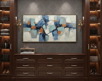 Large Abstract Blue and Orange Wall Art | Modern Framed Canvas Print | Contemporary Geometric Painting | Luxury Office & Bedroom Decor