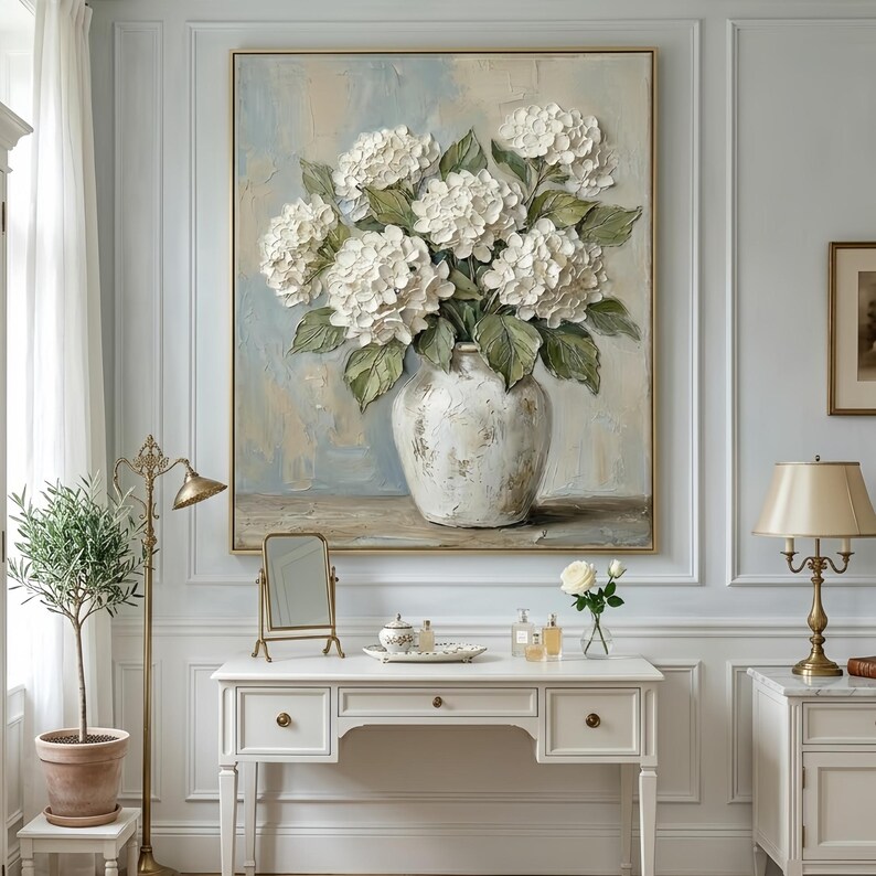 Original White Hydrangea Oil Painting on Canvas, Large 3D Impasto ...