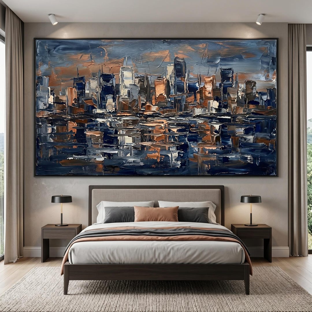Abstract City Skyline Oil Painting on Canvas Large Modern Textured New ...