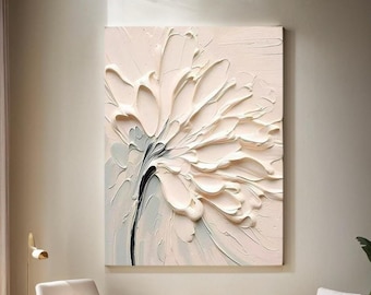 3D Textured Floral Wall Art | Large Abstract Flower Canvas Painting | Minimalist Neutral Home Decor | Modern Impasto Bloom Wall Hanging