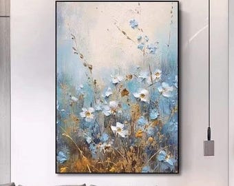 Blue Wildflower Oil Painting, Abstract Floral Canvas Art, Handmade