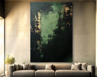 Large Abstract Wall Art, Emerald Green & Black Canvas Painting, Modern Living Room Decor, Dark Green Oversized Art, Minimalist Wall Decor