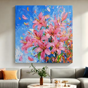 Pink Lily Oil Painting: Wildflower Meadow Landscape Canvas Art