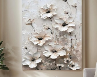 Textured White Floral Wall Art, Large Impasto Flower Canvas Painting, Modern 3D Acrylic Oil Artwork, Elegant Living Room Decor