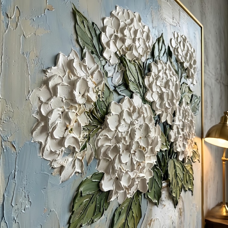 Original White Hydrangea Oil Painting on Canvas, Large 3D Impasto ...