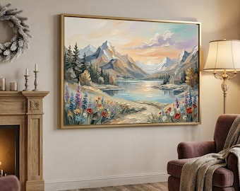 Grande pintura panorâmica original de paisagem, em tons neutros suaves, óleo texturizado sobre tela, arte de parede com tema de natureza, flores silvestres e lago.