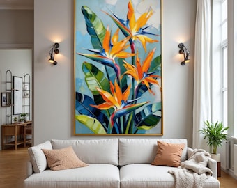 Großes Original Strukturiertes Ölgemälde Paradiesvogel | Lebendige Blumenwandkunst | Impressionistisches botanisches Dekor