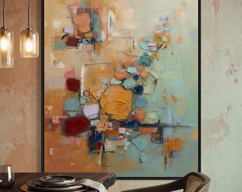 Large Abstract Canvas Wall Art | Mid Century Modern Oil Painting | Textured Warm Tone Wall Decor | Original Teal and Gold Acrylic Canvas