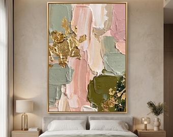 Original Abstract Wall Art,Large Textured Oil Painting,Sage Green Blush Pink Canvas,Gold Leaf Wall Decor,Framed Bed Headboard Art